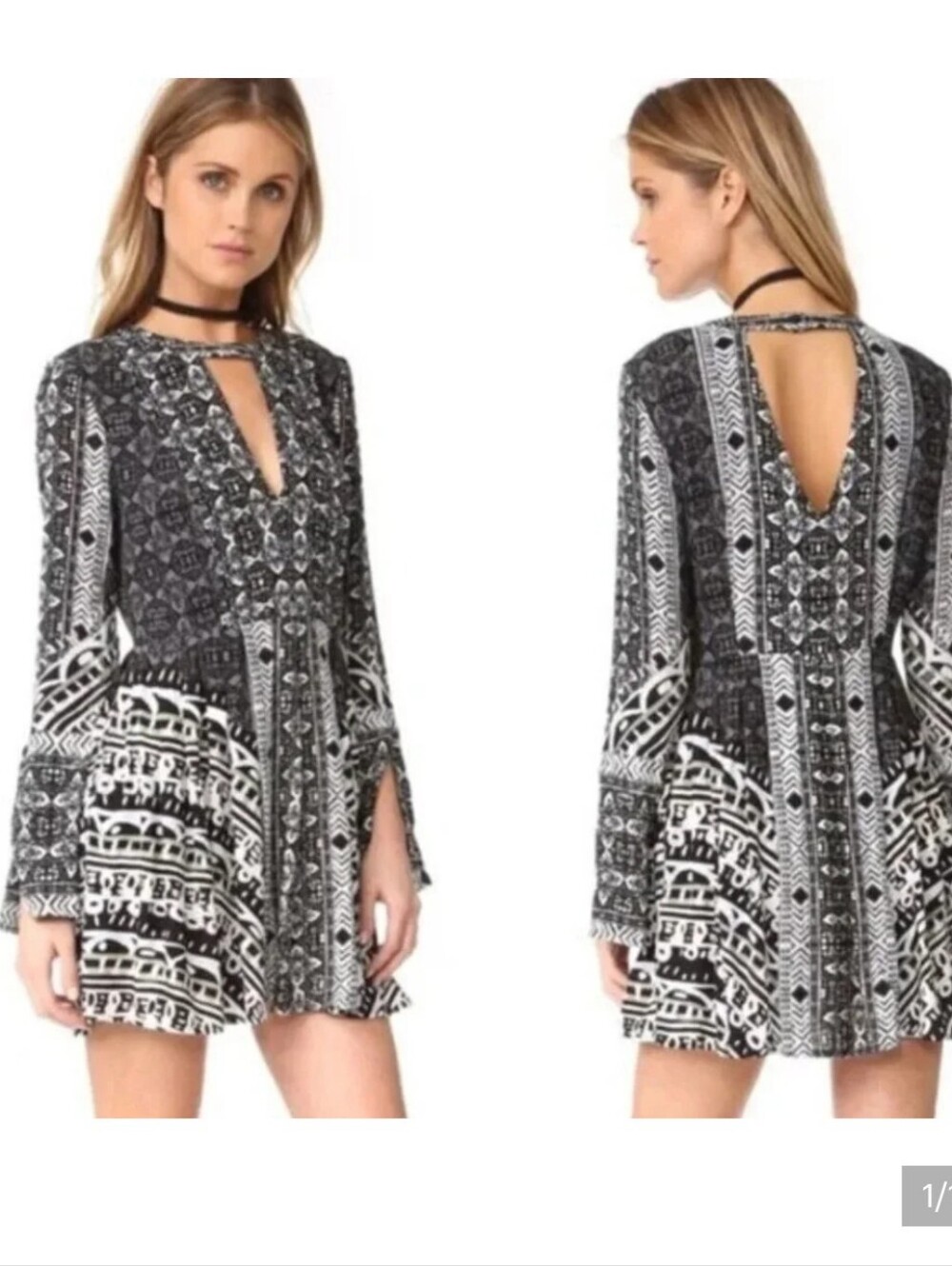 Free People - Black & White Patterned Women’s Dress With Flare Sleeves